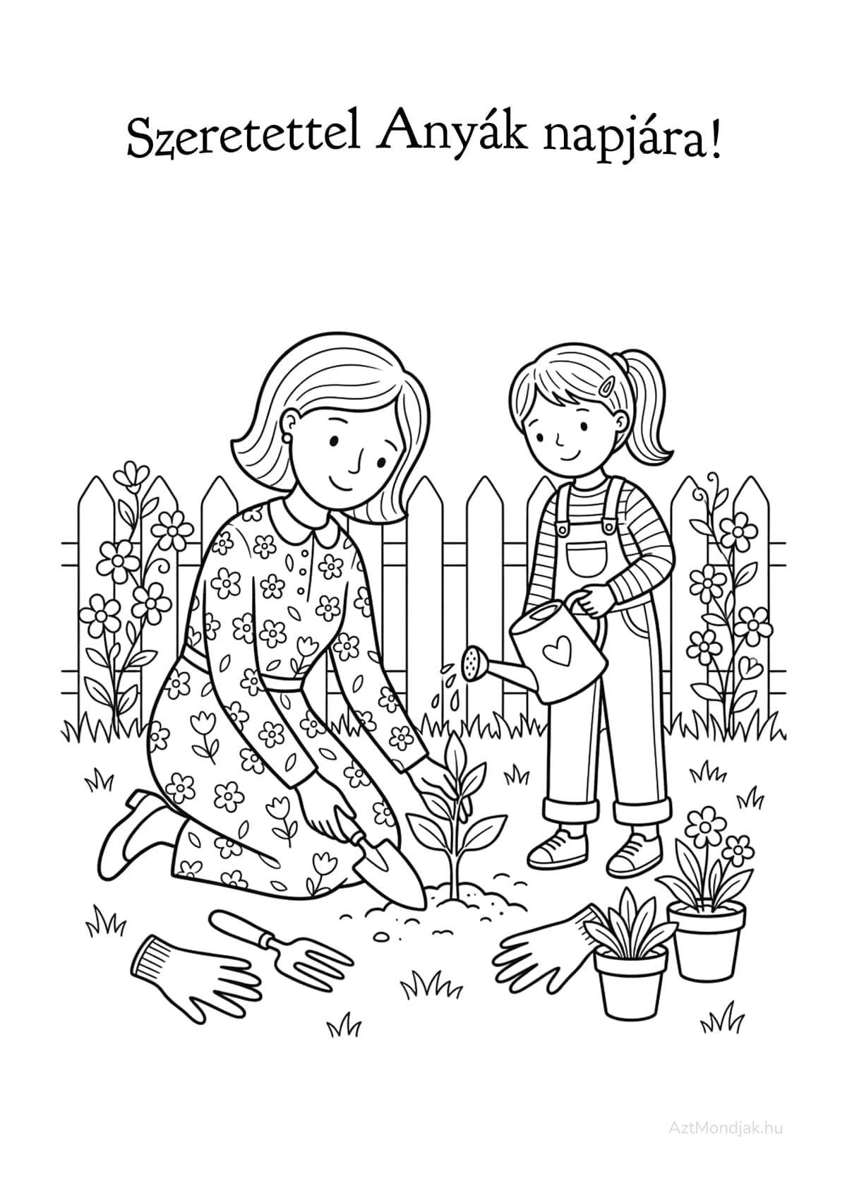 Ez a színező egy kedves közös kertészkedős pillanatot mutat be, ahol anya és gyermeke együtt gondozzák a növényeket.