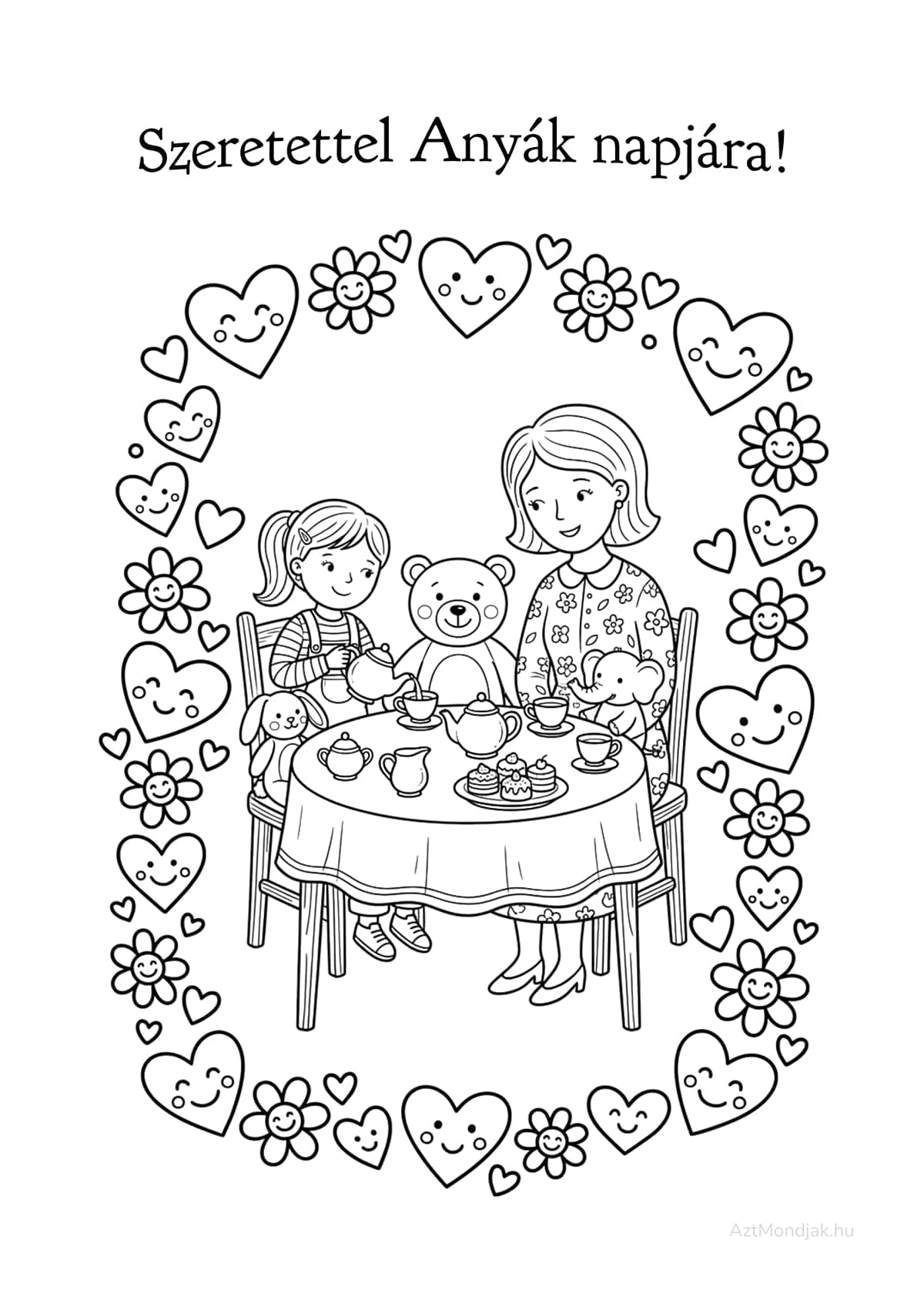 Ez a színező egy barátságos teázós jelenetet mutat be, amit vidám szívecskék kereteznek.