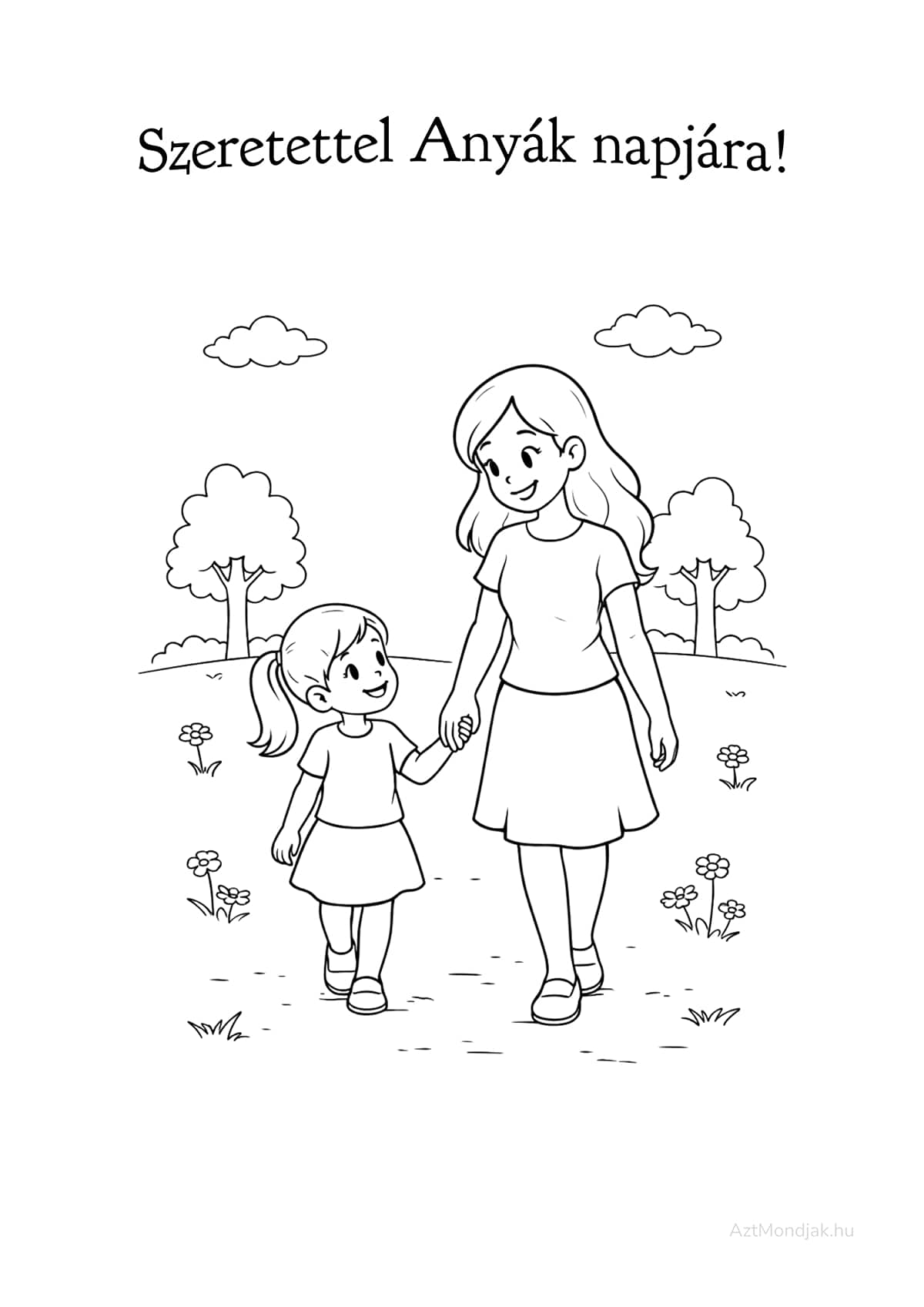 Ez a színező egy nyugodt sétát ábrázol a természetben anya és lánya.