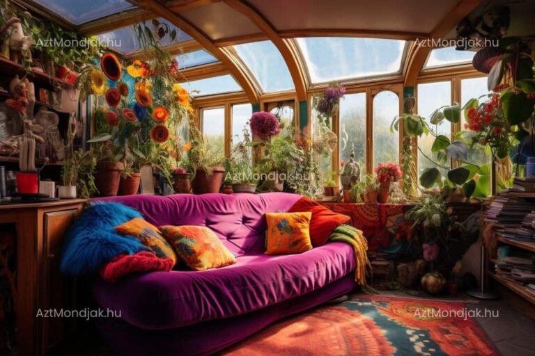 Vibráló, növényekkel teli Earthship enteriőr színes kanapéval és természetes fényben