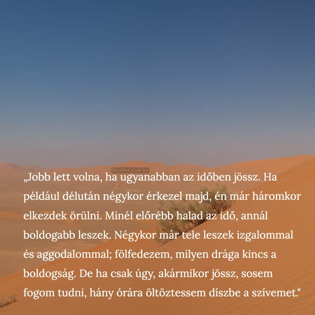 Jobb lett volna, ha ugyanabban az időben jössz (...). Ha például délután négykor érkezel majd, én már háromkor elkezdek örülni. Minél előrébb halad az idő, annál boldogabb leszek. Négykor már tele leszek izgalommal és aggodalommal; fölfedezem, milyen drága kincs a boldogság. De ha csak úgy, akármikor jössz, sosem fogom tudni, hány órára öltöztessem díszbe a szívemet.