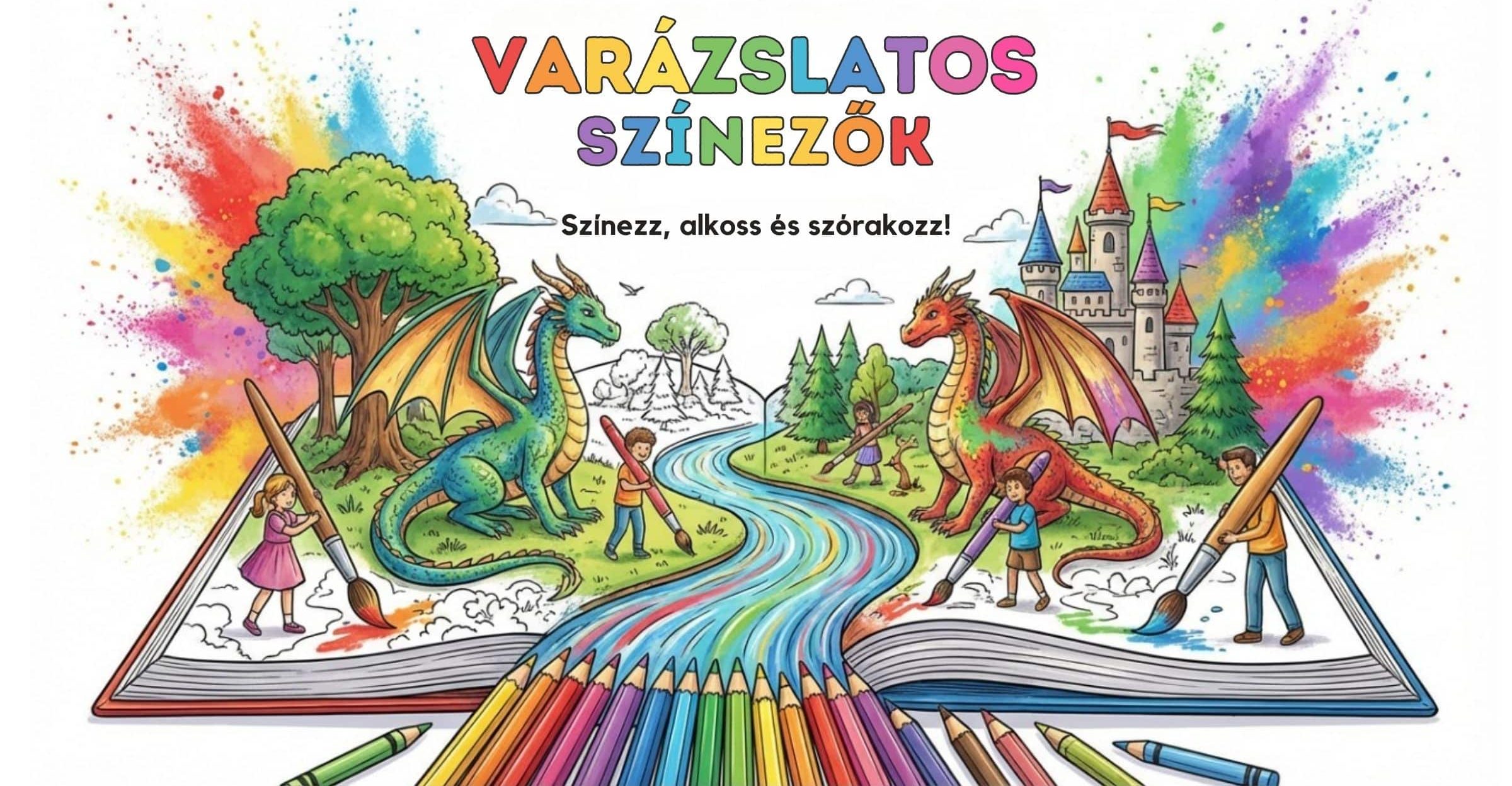 Színezős kaland jelenet gyerekekkel, sárkányokkal és kastéllyal. Ingyenes nyomtatható színezők